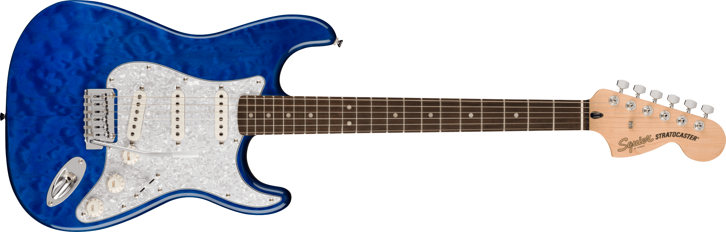 Squier FSR Affinity Series Stratocaster QMT, Laurel Fingerboard, White Pearloid Pickguard, Sapphire Blue Transparent
