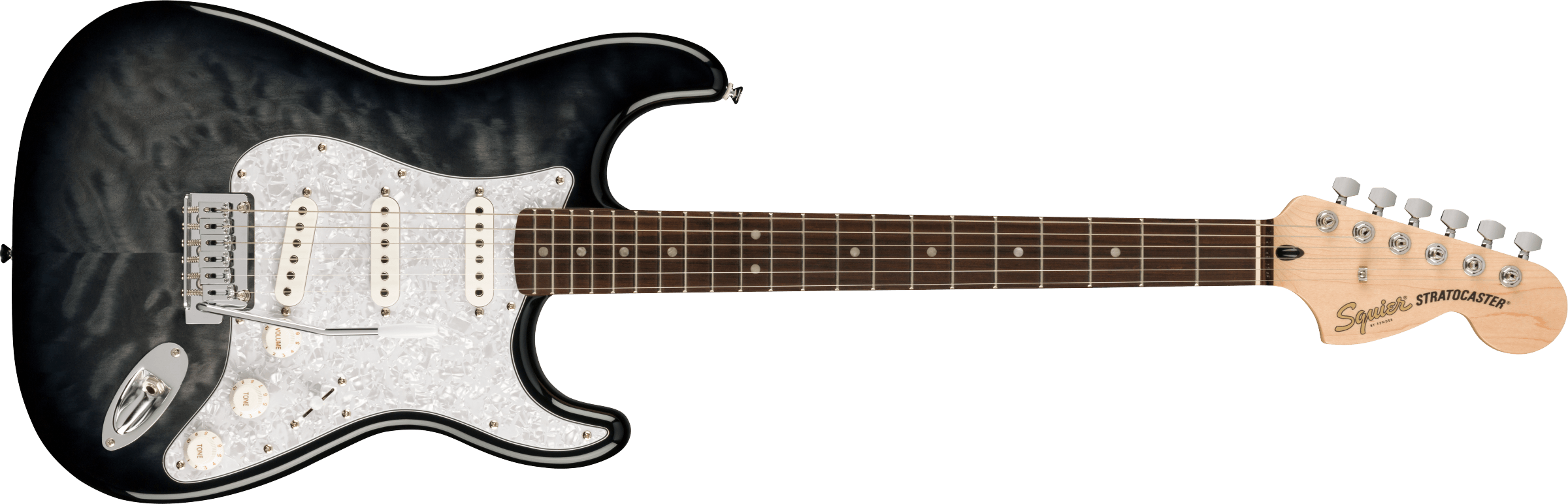Squier FSR Affinity Series Stratocaster QMT, Laurel Fingerboard, White Pearloid Pickguard, Black Burst