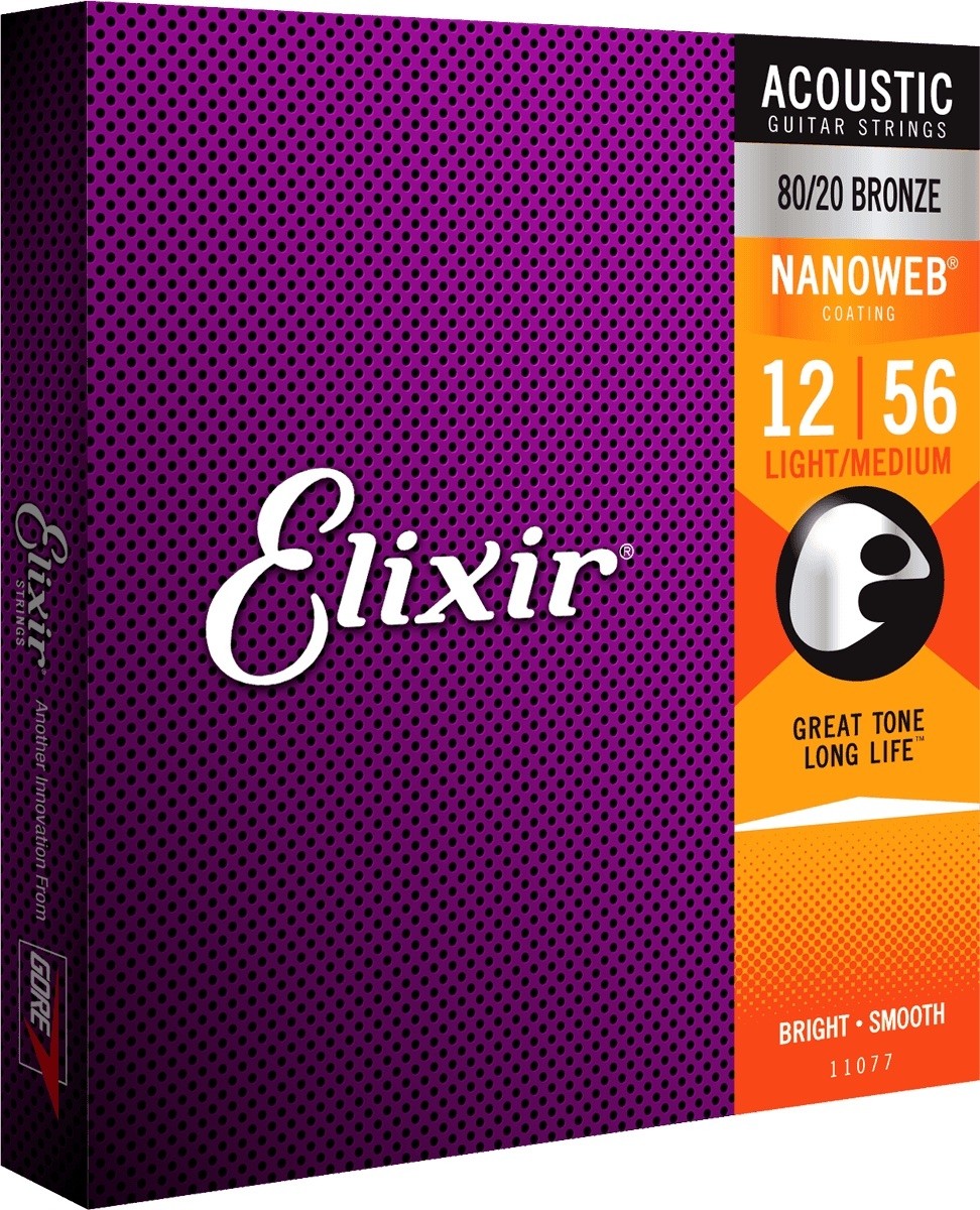 ELIXIR 11077 80/20 Bronze NANOWEB Light 12-56. Strenger til Akustisk gitar.