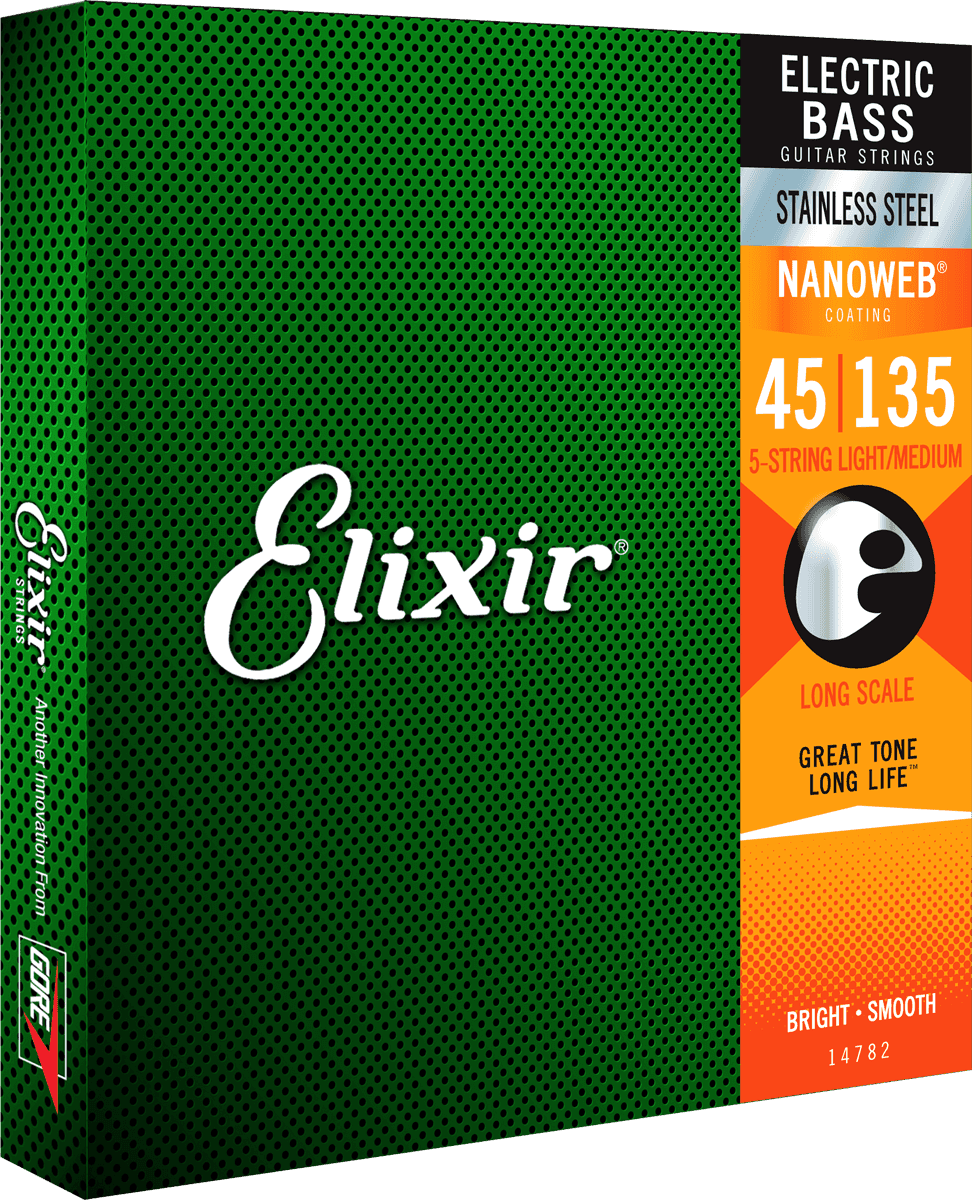 ELIXIR 14782 NANOWEB BASS Light/Medium 45-135. Long scale 5-Strengssett til elektrisk bass.