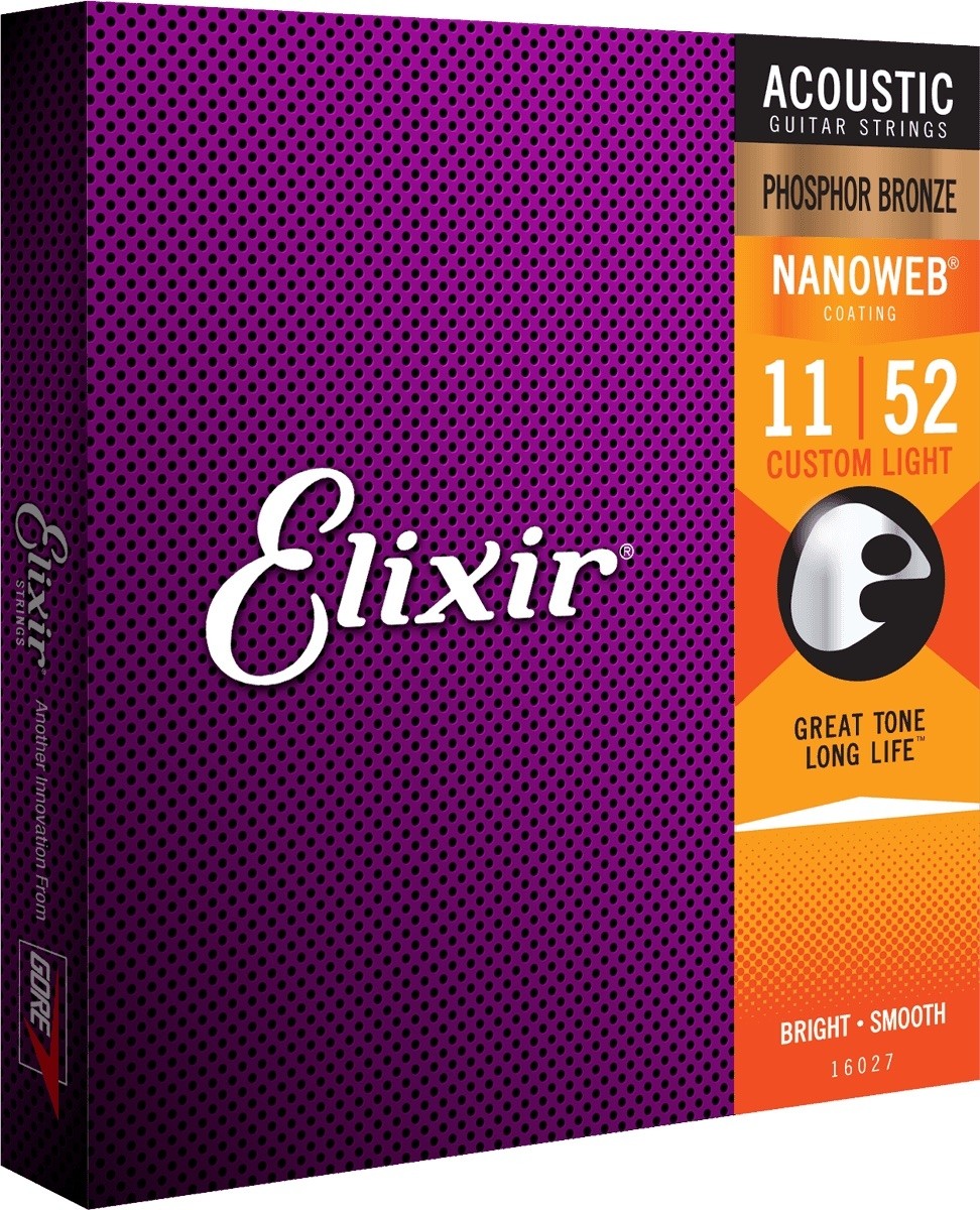 ELIXIR 16027 Phosphor Bronze NANOWEB Custom Light 11-52. Strengesett til akustisk gitar.