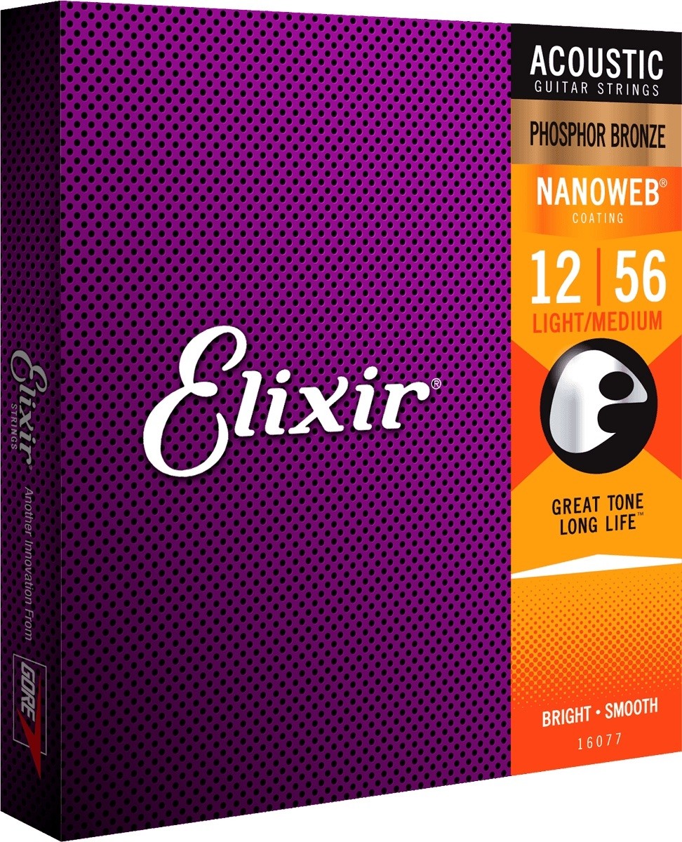 ELIXIR 16077 Phosphor Bronze NANOWEB Light-Medium 12-56. Strengesett til akustisk gitar.